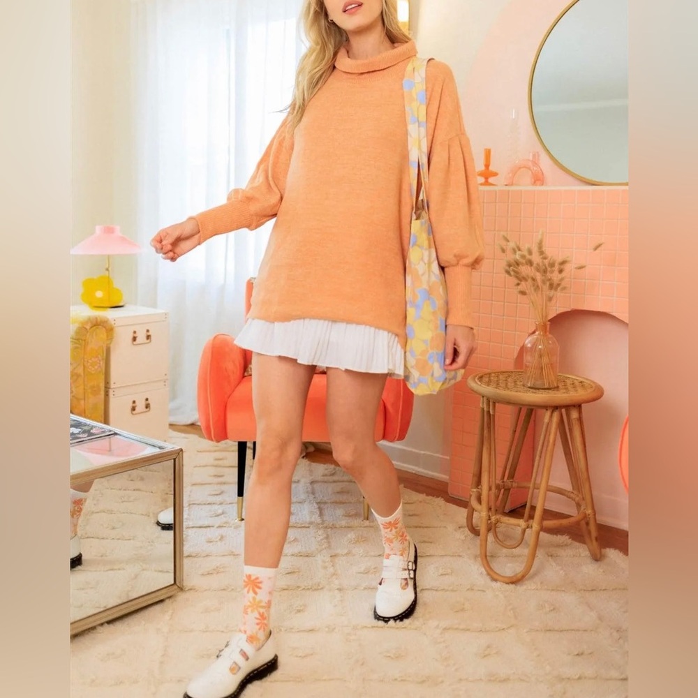 LAST ONE! Super Soft Orange Juliette Sleeve Knit Turtleneck Sweater With Pockets - Picture 3 of 3